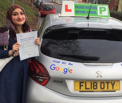 Congratulations on a driving test pass for Sania Nadeem of Leeds, near Guiseley
